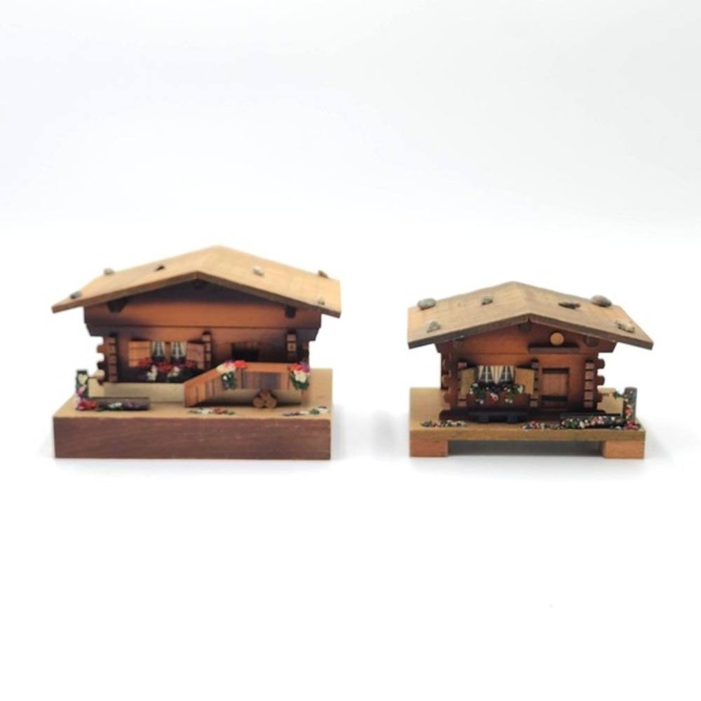 Vintage Hand Carved Wood Swiss Chalet Music Boxes Mapsa Brienz Pair Working